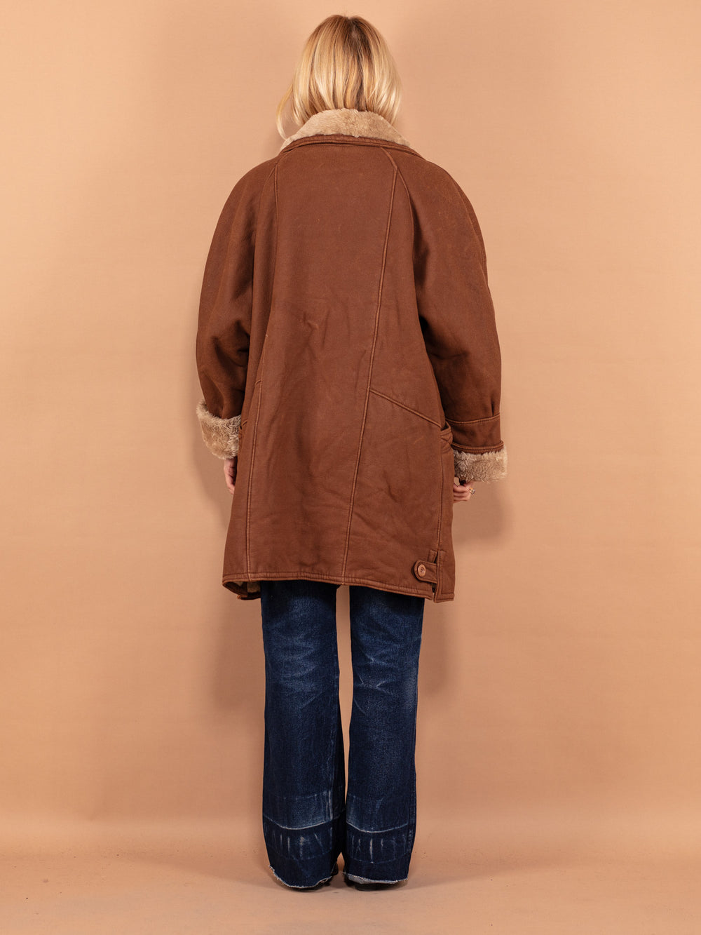 Vintage 80's Women Faux Sheepskin Coat in Brown - NorthernGrip