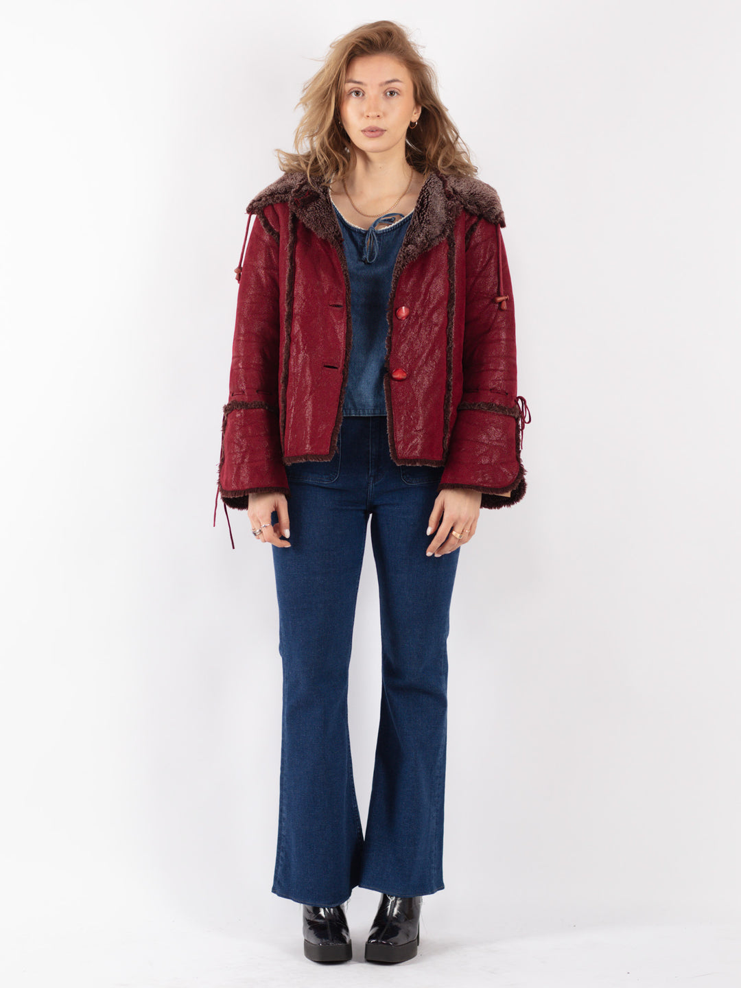 Vintage 80's Women Faux Sheepskin Jacket in Red