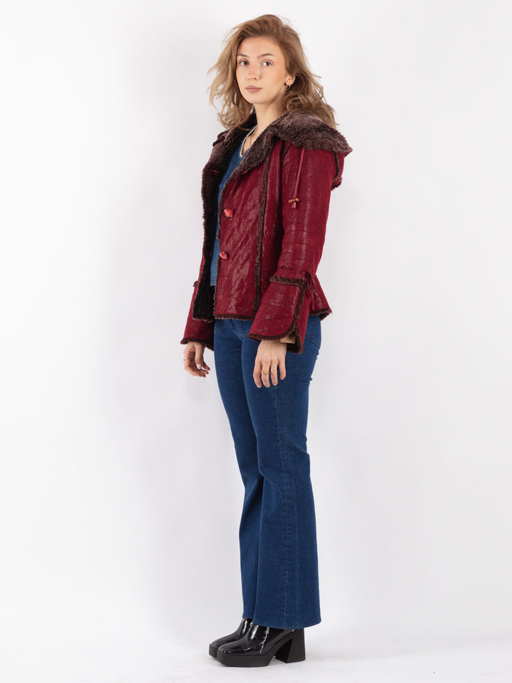 Vintage 80's Women Faux Sheepskin Jacket in Red