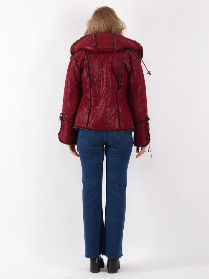 Vintage 80's Women Faux Sheepskin Jacket in Red
