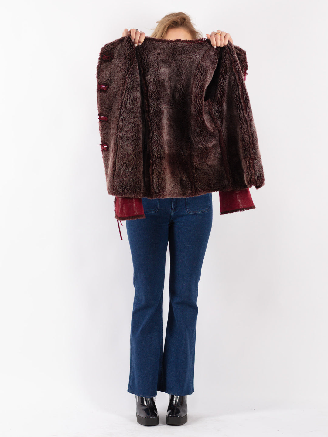 Vintage 80's Women Faux Sheepskin Jacket in Red