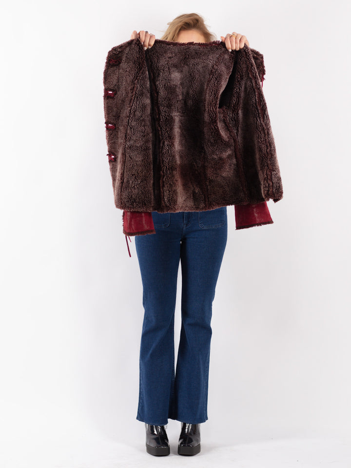 Vintage 80's Women Faux Sheepskin Jacket in Red
