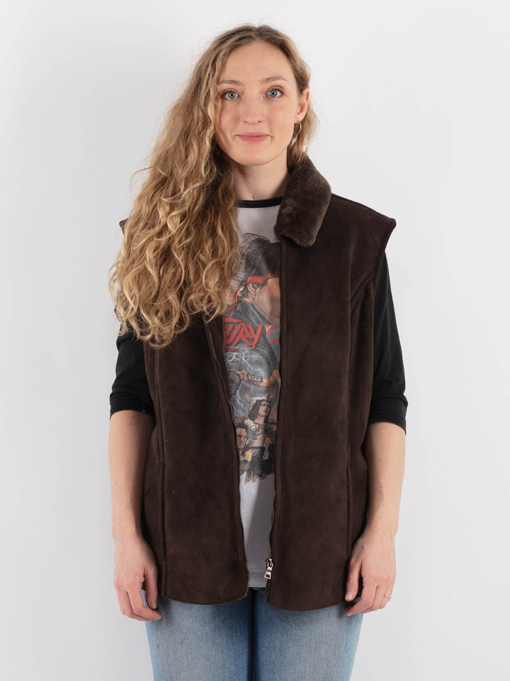 Vintage 00's Women Faux Sheepskin Vest in Brown - NorthernGrip