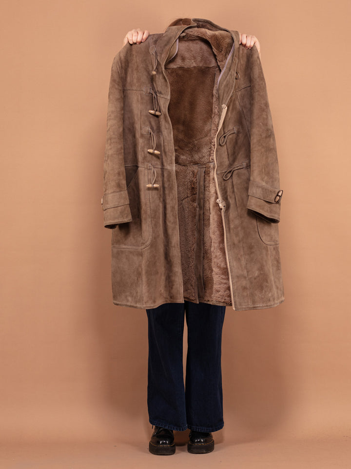 Hooded Sheepskin Coat 70's, Size Large, Vintage Sheepskin Coat, Beige Suede Duffle Coat, Retro 70s Outerwear, Western Retro Suede Coat