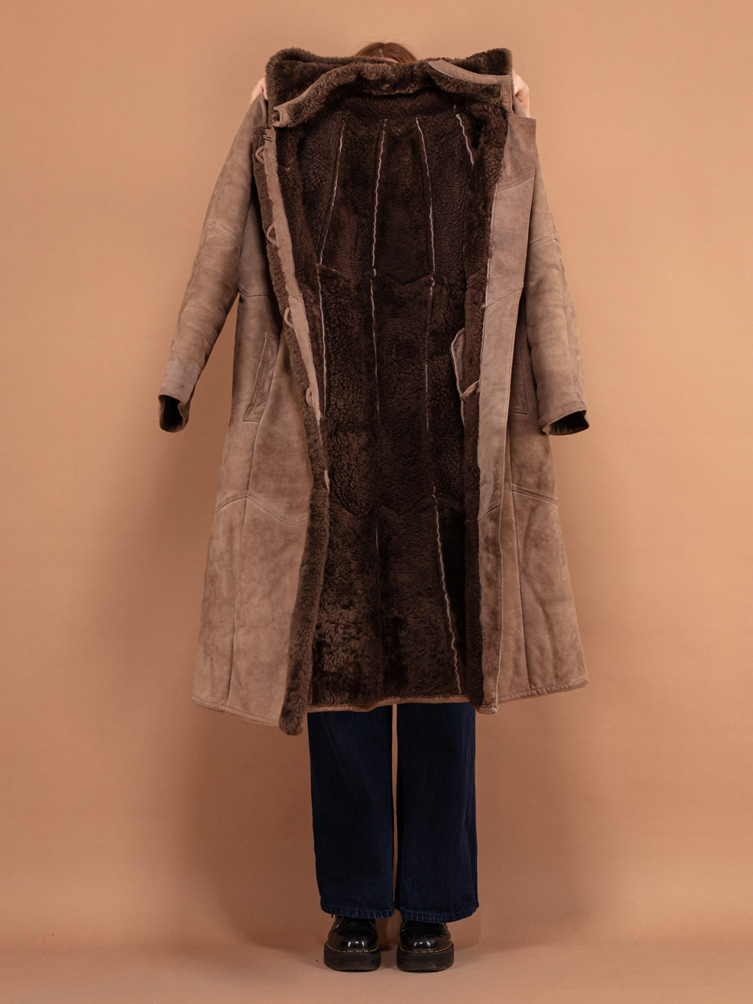 Hooded Sheepskin Coat 80s, Size Medium, Hooded Sheepskin, Beige Sheepskin Winter Coat, Sheepskin Long Coat, Boho Western Hippie Coat