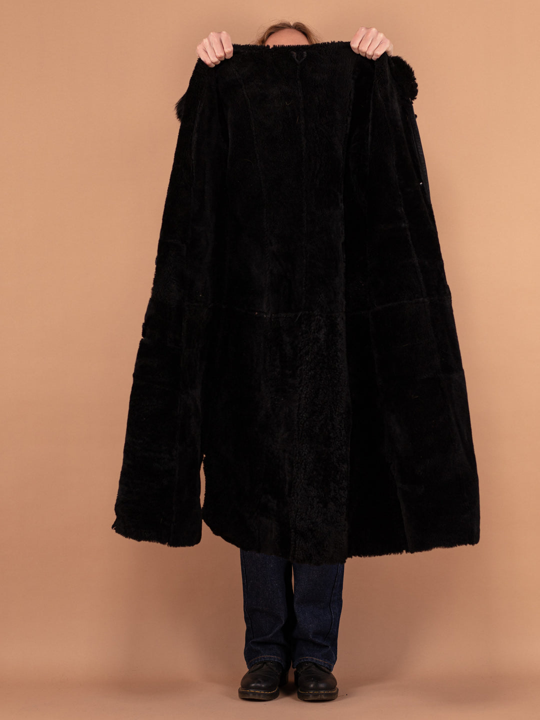 Sheepskin Long Coat 80s, Size Small S Shearling Coat, Black Sheepskin Overcoat, Hooded Sheepskin Coat, Penny Lane, Hippie Boho Outerwear