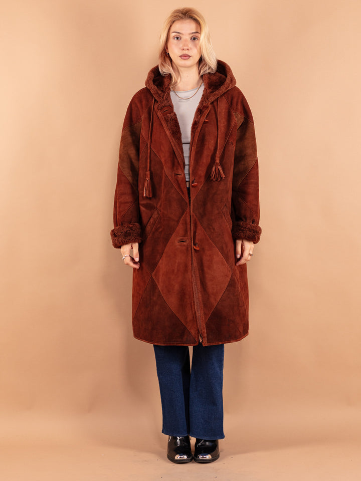 Vintage 80's Women Hooded Sheepskin Coat in Brown