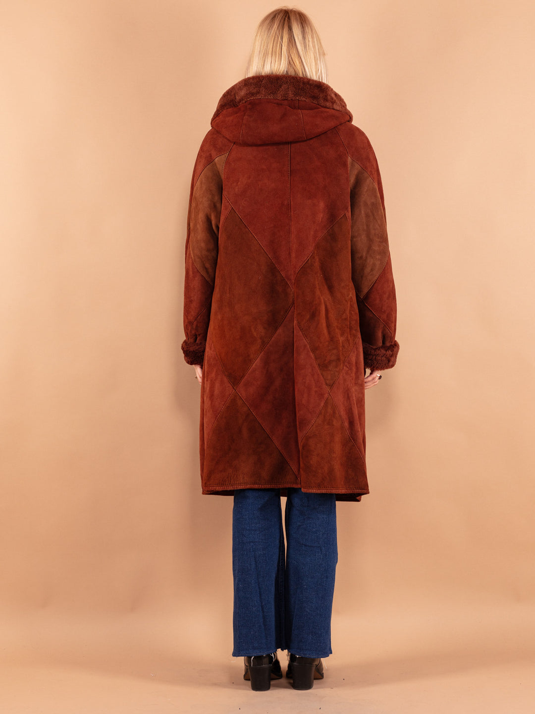 Vintage 80's Women Hooded Sheepskin Coat in Brown