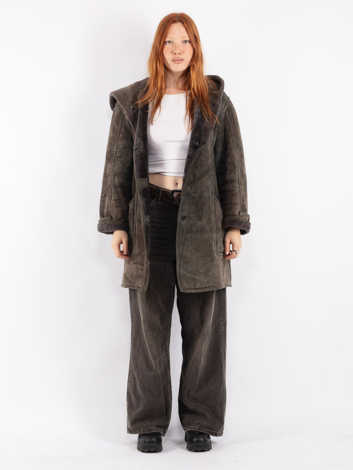 Vintage 80's Women Sheepskin Coat in Gray