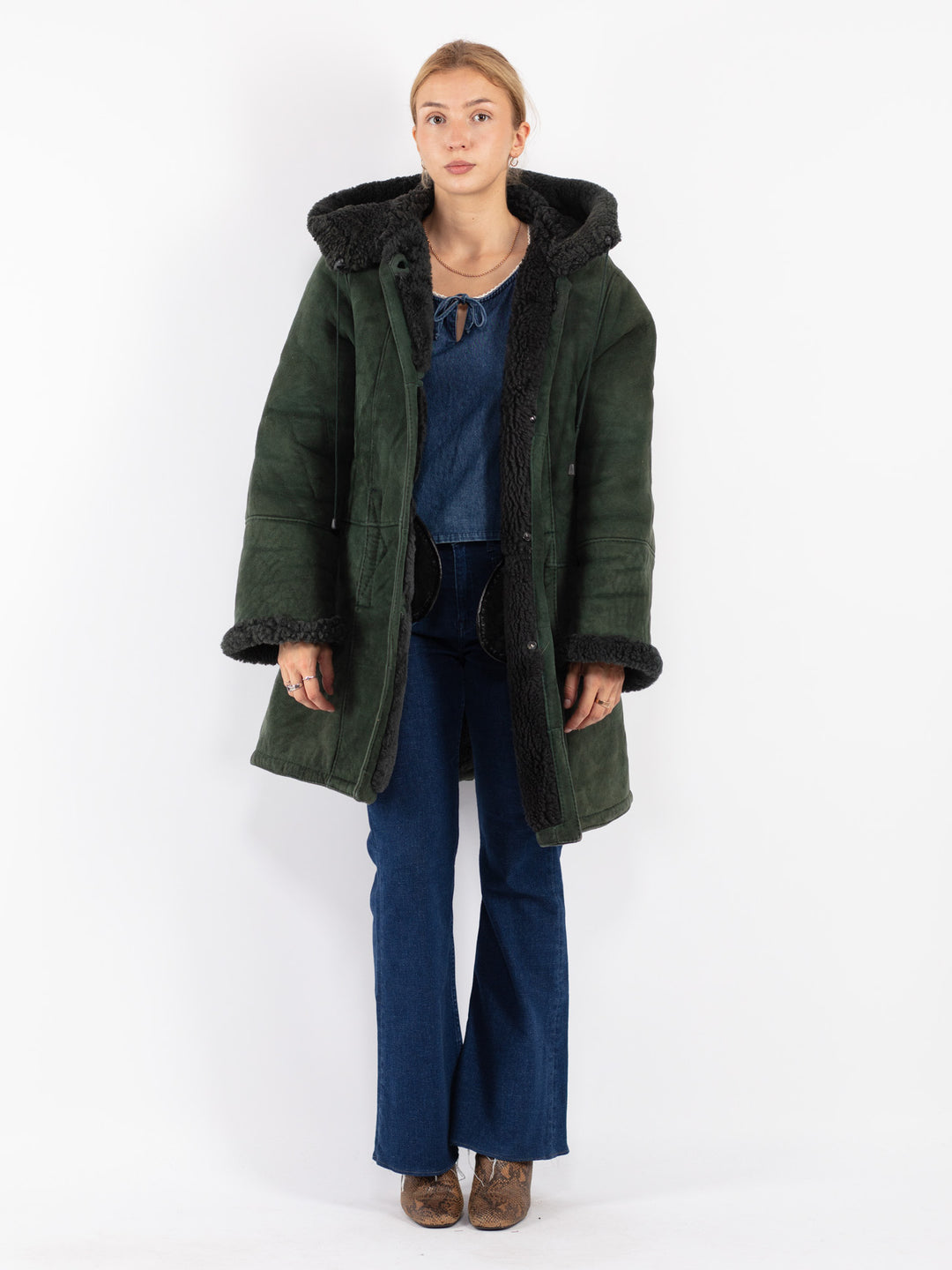 Vintage 80's Women Sheepskin Coat in Green
