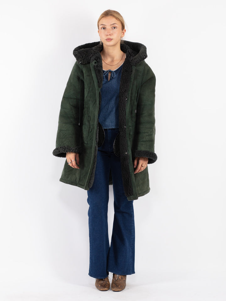 Vintage 80's Women Sheepskin Coat in Green