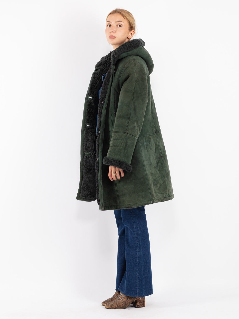 Vintage 80's Women Sheepskin Coat in Green