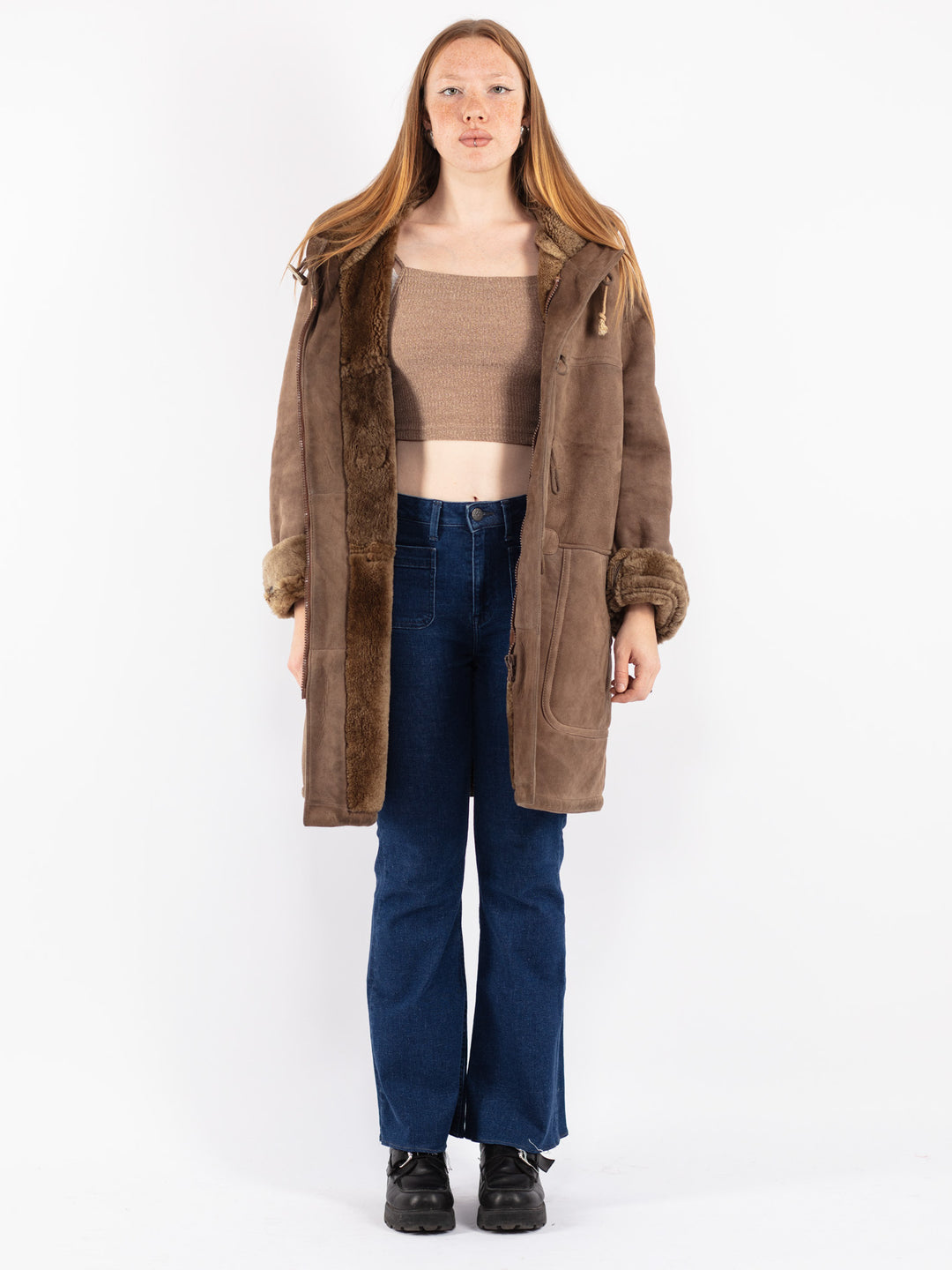 Vintage 80's Women Sheepskin Coat in Brown