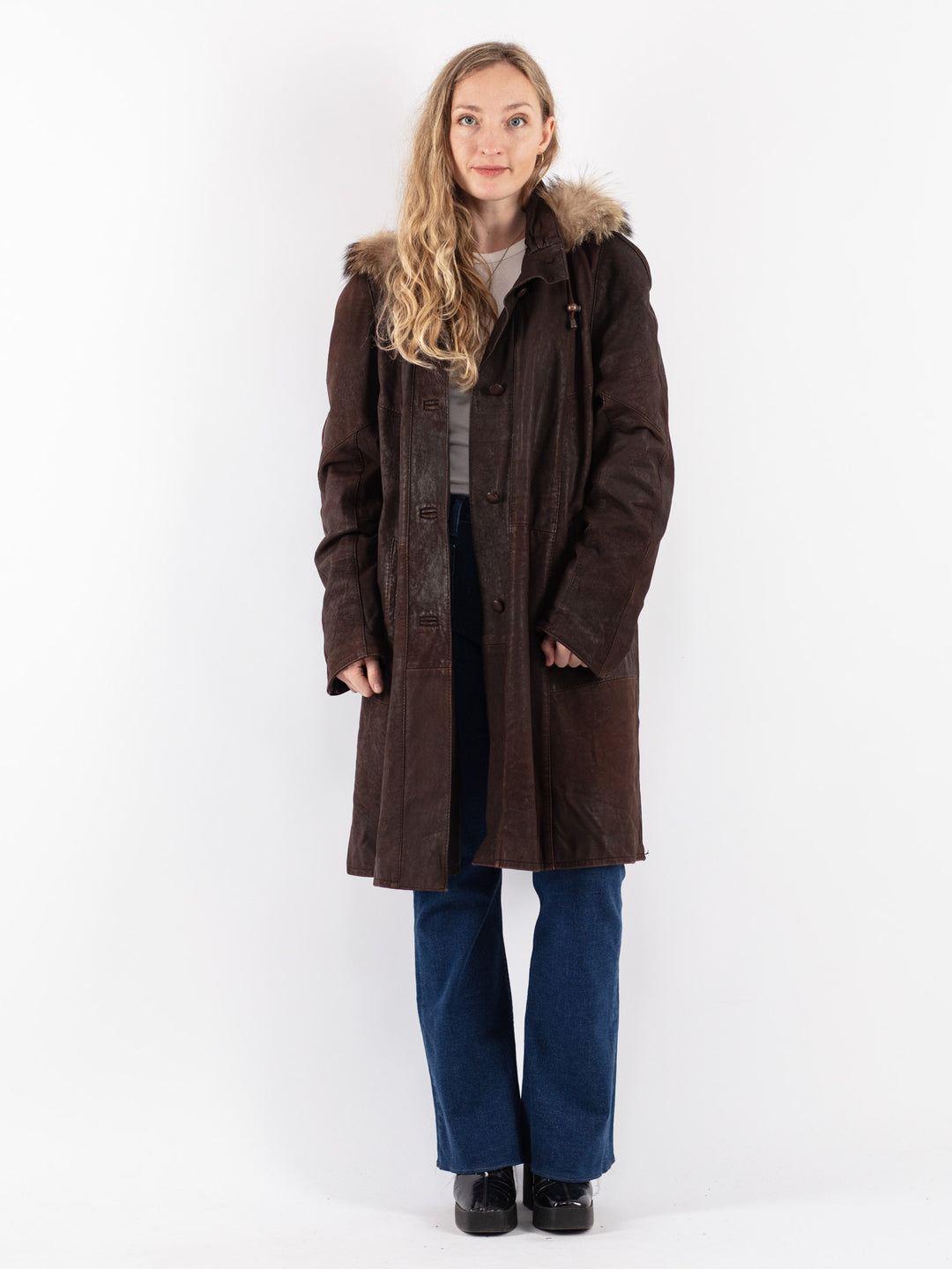 Vintage 90's Women Hooded Leather Coat in Brown - NorthernGrip