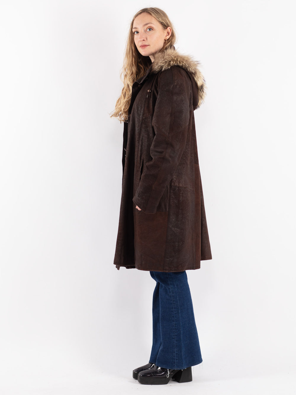Vintage 90's Women Hooded Leather Coat in Brown - NorthernGrip