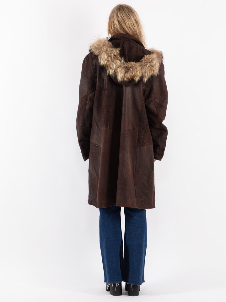 Vintage 90's Women Hooded Leather Coat in Brown - NorthernGrip
