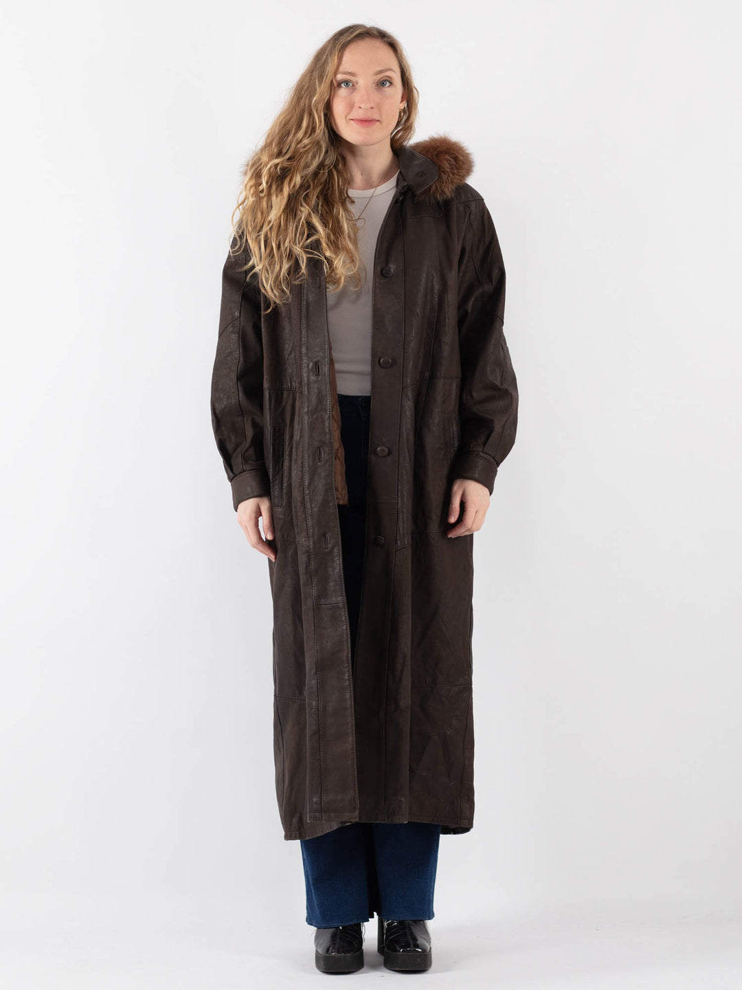 Vintage 80's Women Leather Coat in Brown