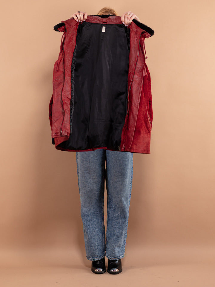 Red Leather Parka Coat 80s, Size M Medium, Red Retro Leather Coat, 80's Womens Clothing, Longline Leather Jacket, Leatherwear