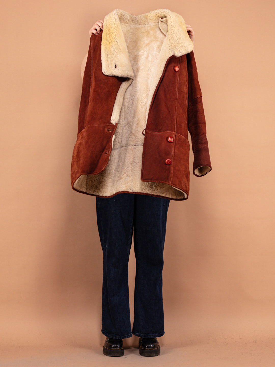 Oversized Shearling Coat, Size XL, Vintage 80s Coat, Women Coat, Brown Shearling Coat, Boho Fashion, Cozy Coat, Cowgirl Coat, Pre Owned
