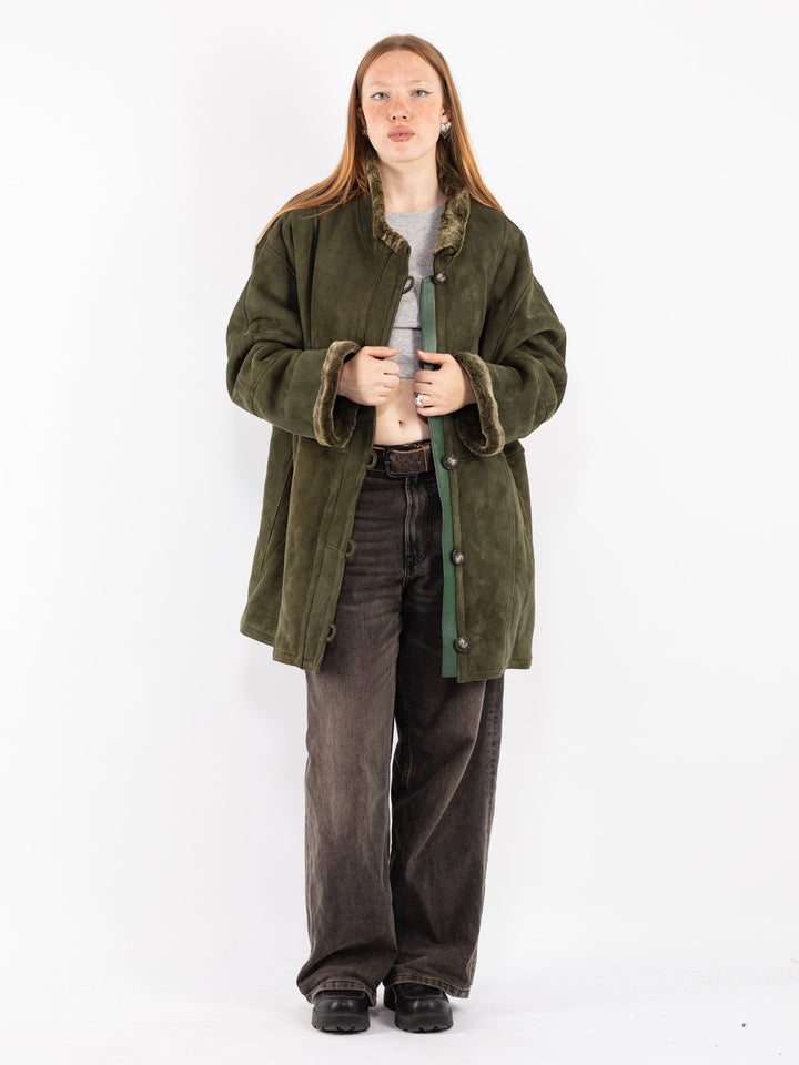 Vintage 80's Women Shearling Coat in Green
