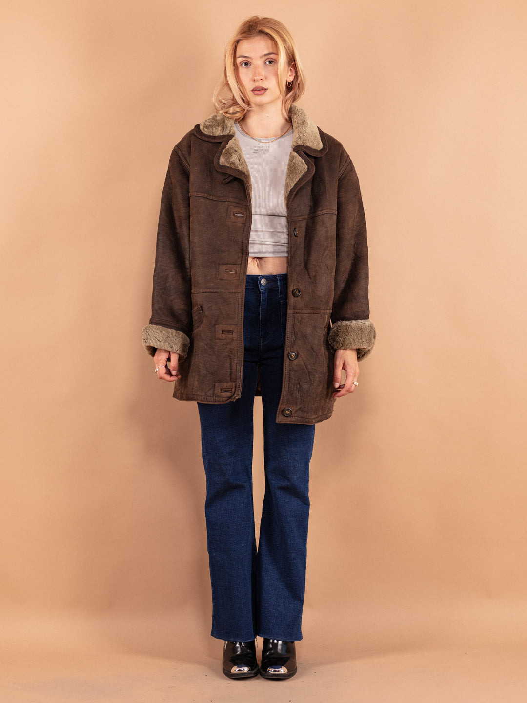 Vintage 80's Women Oversized Sheepskin Coat in Brown