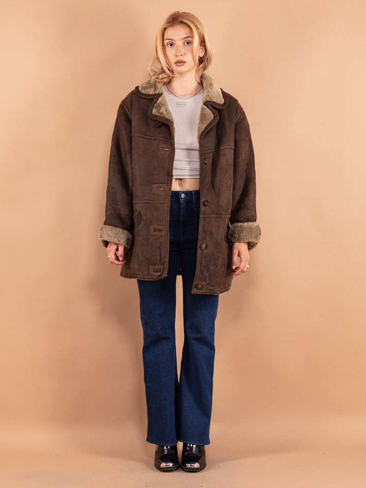Vintage 80's Women Oversized Sheepskin Coat in Brown