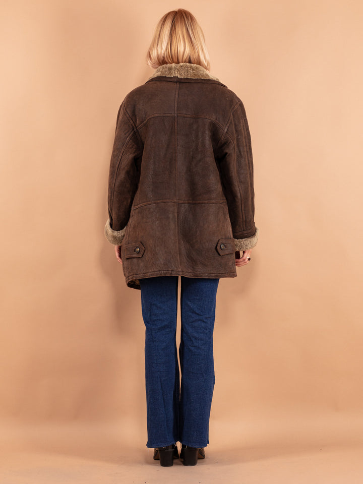 Vintage 80's Women Oversized Sheepskin Coat in Brown