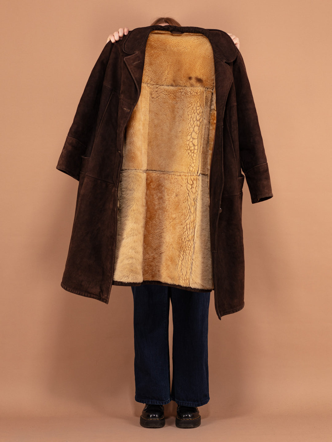 Oversized Sheepskin Coat 80s, Size XXL, Sheepskin Suede Coat, Western Style Sheepskin Overcoat, Vintage Outerwear, Sustainable Clothing