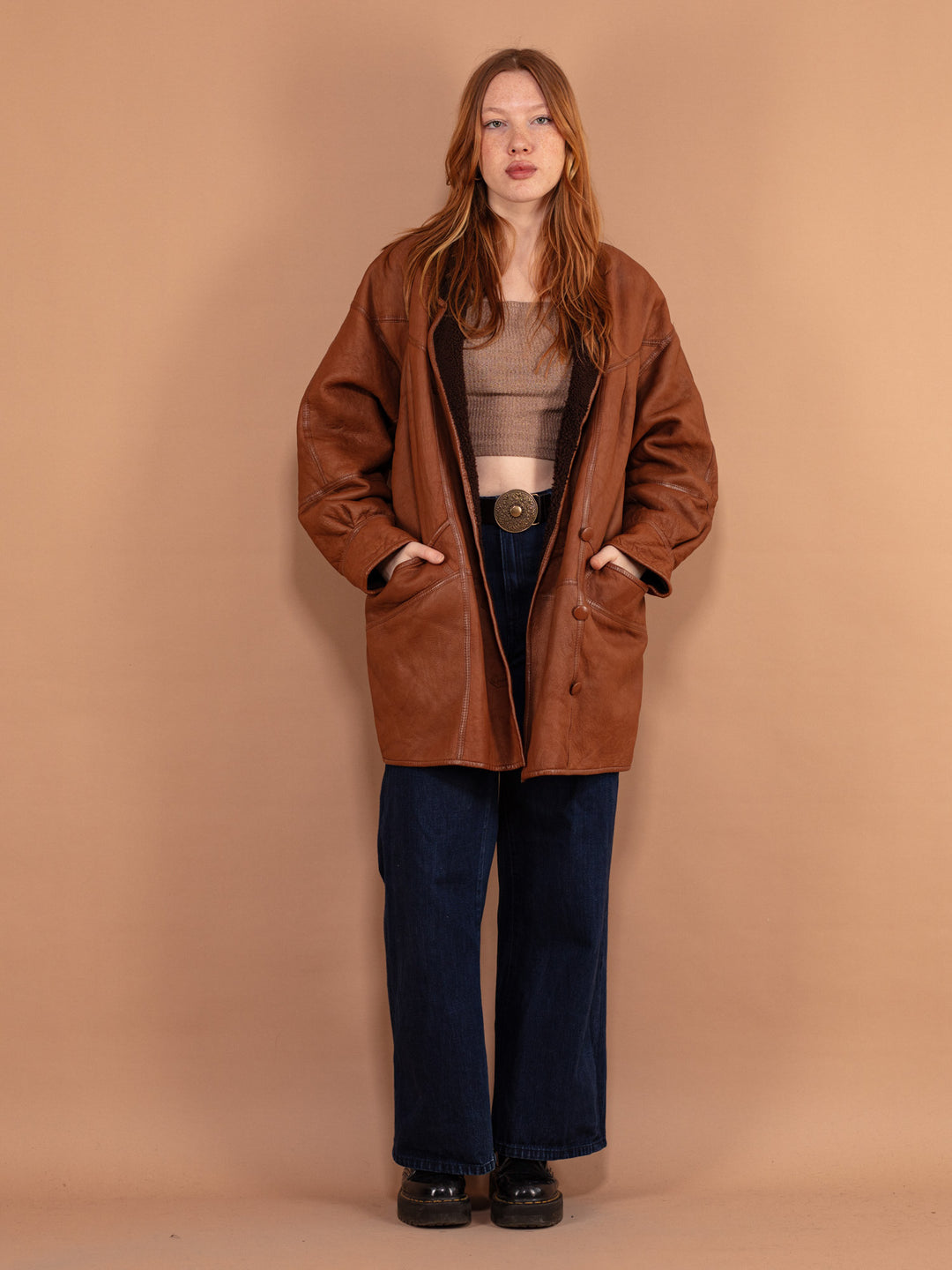 Oversized Sheepskin Coat 80's, Size L Brown Leather Coat, Women Shearling Overcoat, Vintage Outerwear, Sustainable Clothing, Worn in Coat