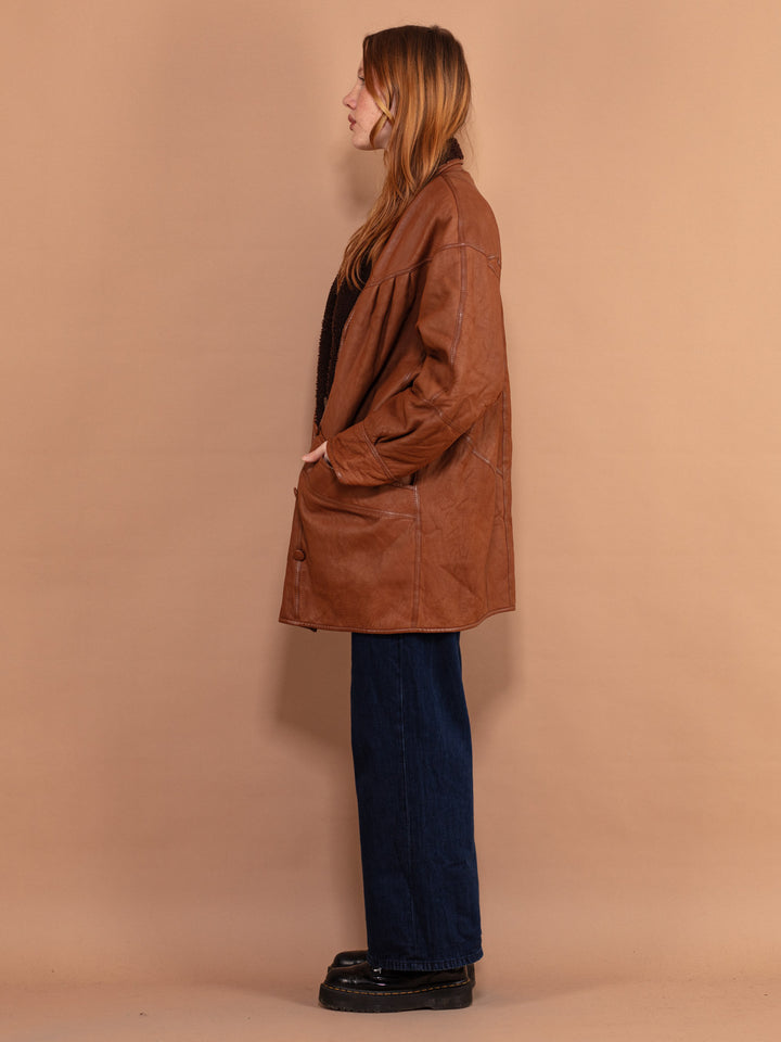 Oversized Sheepskin Coat 80's, Size L Brown Leather Coat, Women Shearling Overcoat, Vintage Outerwear, Sustainable Clothing, Worn in Coat