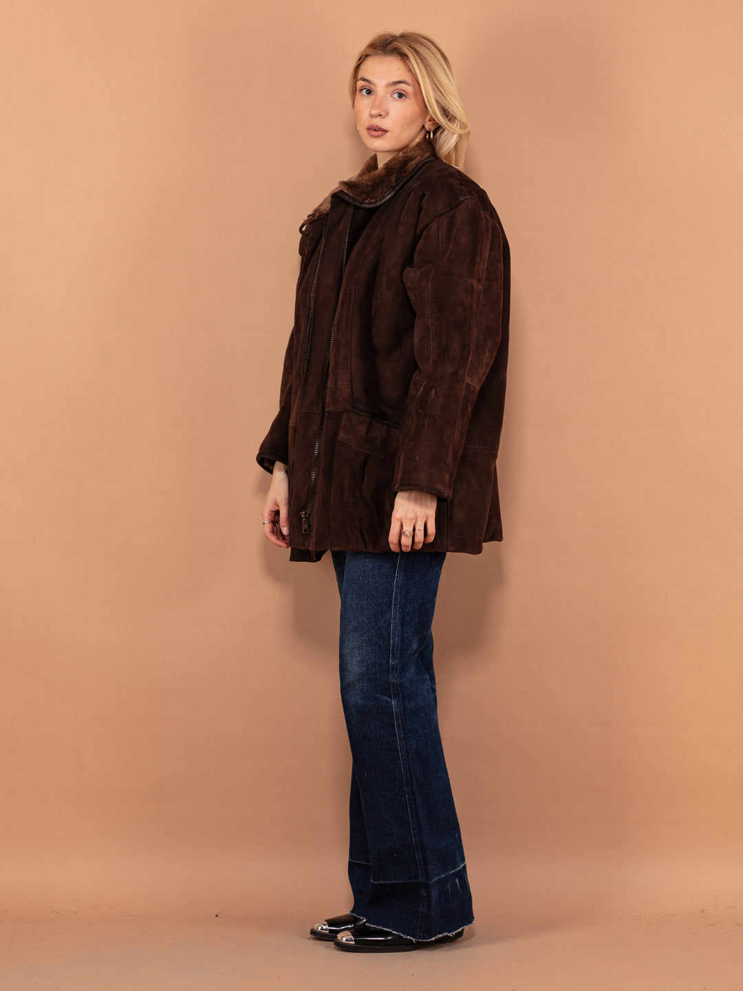 Oversized Sheepskin Coat 80's, Size XL, Shearling Suede Coat, Western Style Sheepskin Overcoat, Vintage Outerwear, Sustainable Clothing