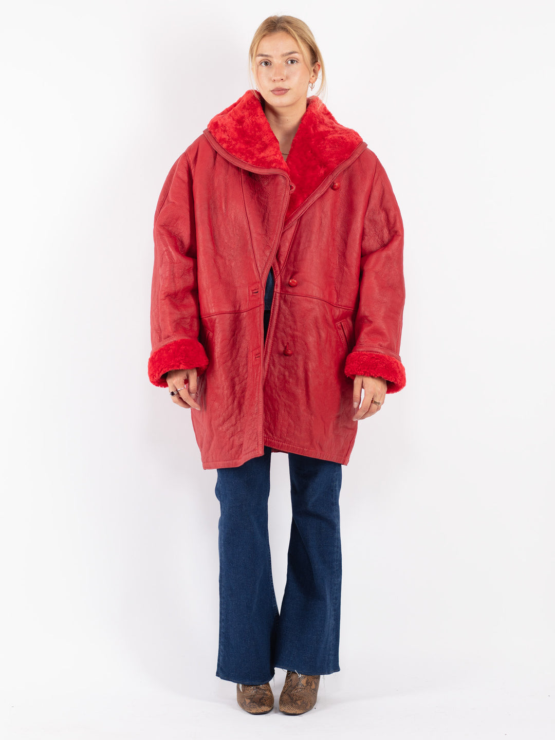 Vintage 80's Women Sheepskin Coat in Red