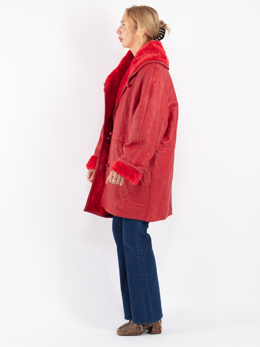 Vintage 80's Women Sheepskin Coat in Red