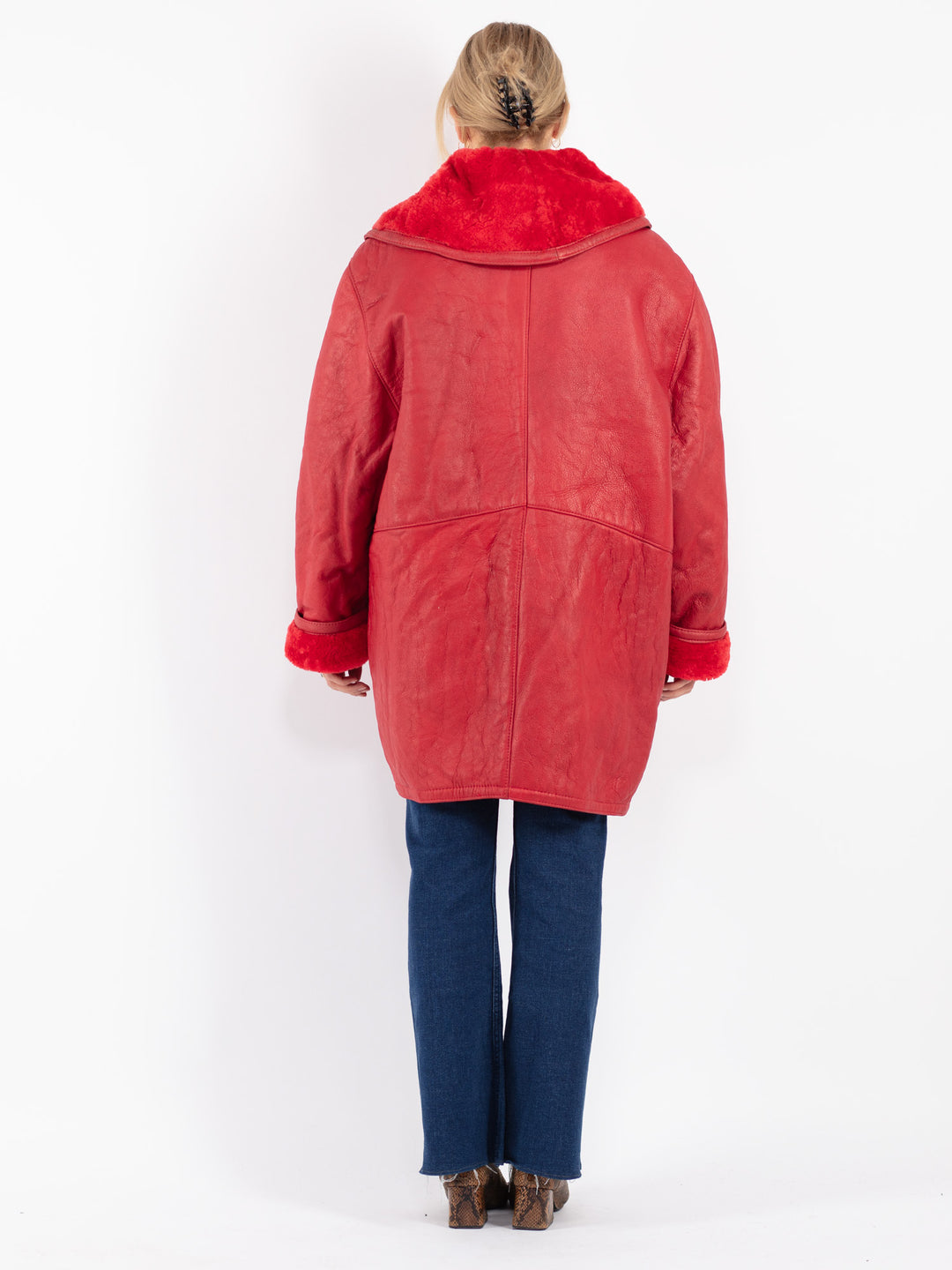 Vintage 80's Women Sheepskin Coat in Red