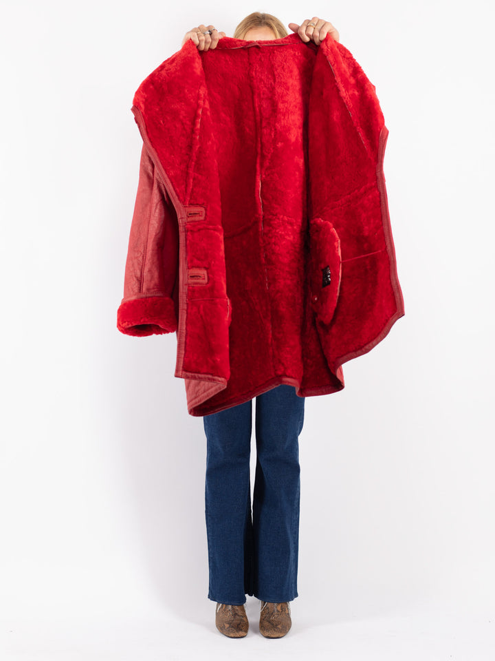Vintage 80's Women Sheepskin Coat in Red