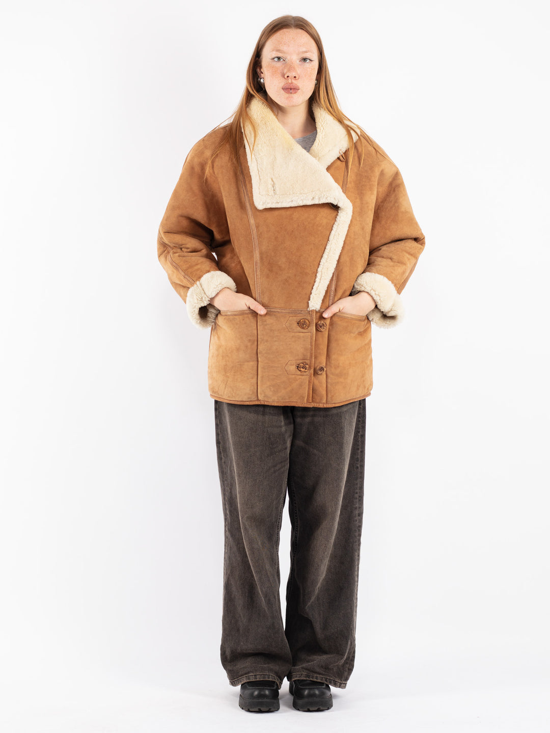 Vintage 80's Women Shearling Coat in Brown