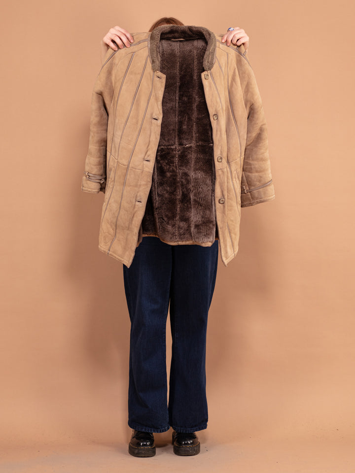 Beige Sheepskin Coat, Size L Vintage Suede Coat, 80s Beige Sheepskin Winter Coat, Shearling Fur Coat, Boho Western Hippie Style Coat