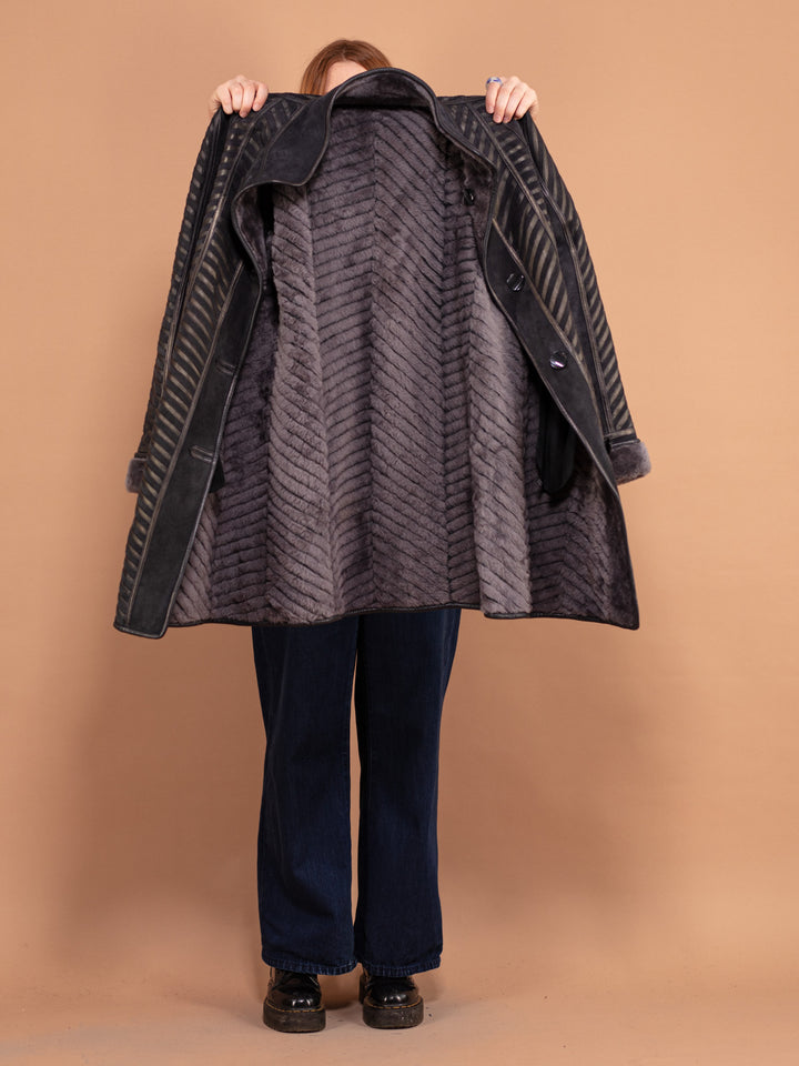 Gray Sheepskin Coat 80s, Size M Warm Shearling Fur Coat, Gray Sheepskin Overcoat, Elegant Sheepskin Coat, Penny Lane, Winter Outerwear