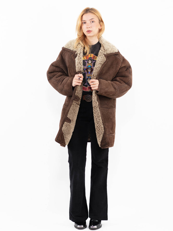 Vintage 80's Women Sheepskin Shearling Coat in BrownA1041