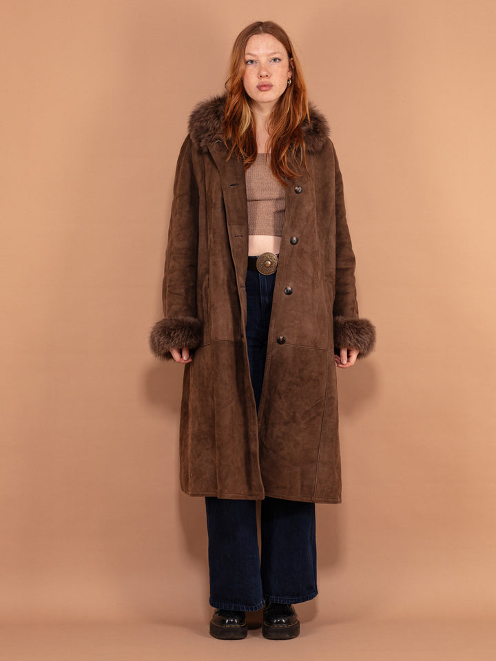 Vintage 80's Women Sheepskin Long Coat in Brown