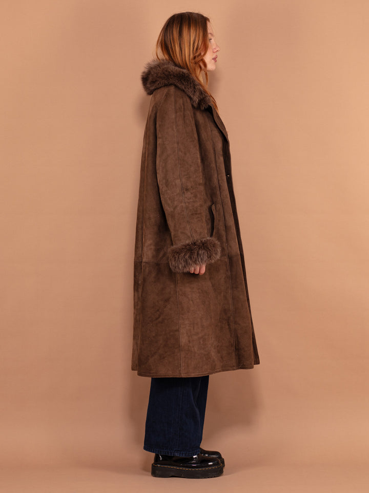 Vintage 80's Women Sheepskin Long Coat in Brown