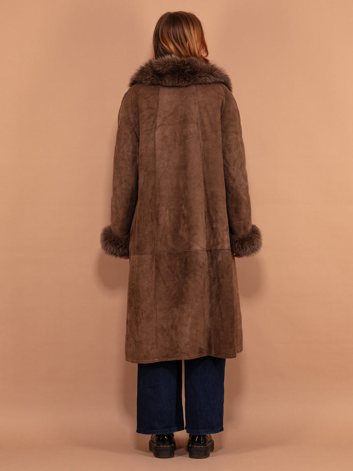 Vintage 80's Women Sheepskin Long Coat in Brown