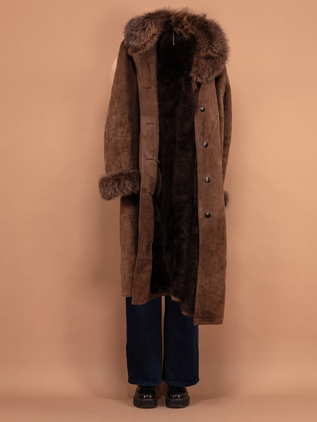 Vintage 80's Women Sheepskin Long Coat in Brown