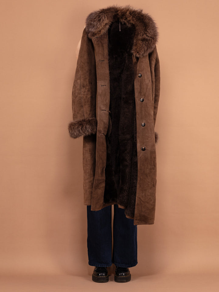 Vintage 80's Women Sheepskin Long Coat in Brown