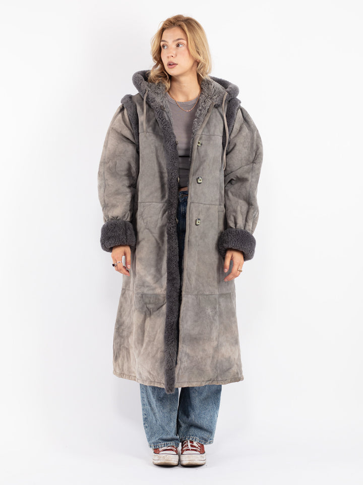 Vintage 80's Women Sheepskin Shearling Coat in Gray
