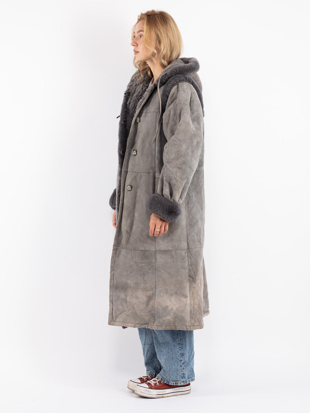 Vintage 80's Women Sheepskin Shearling Coat in Gray