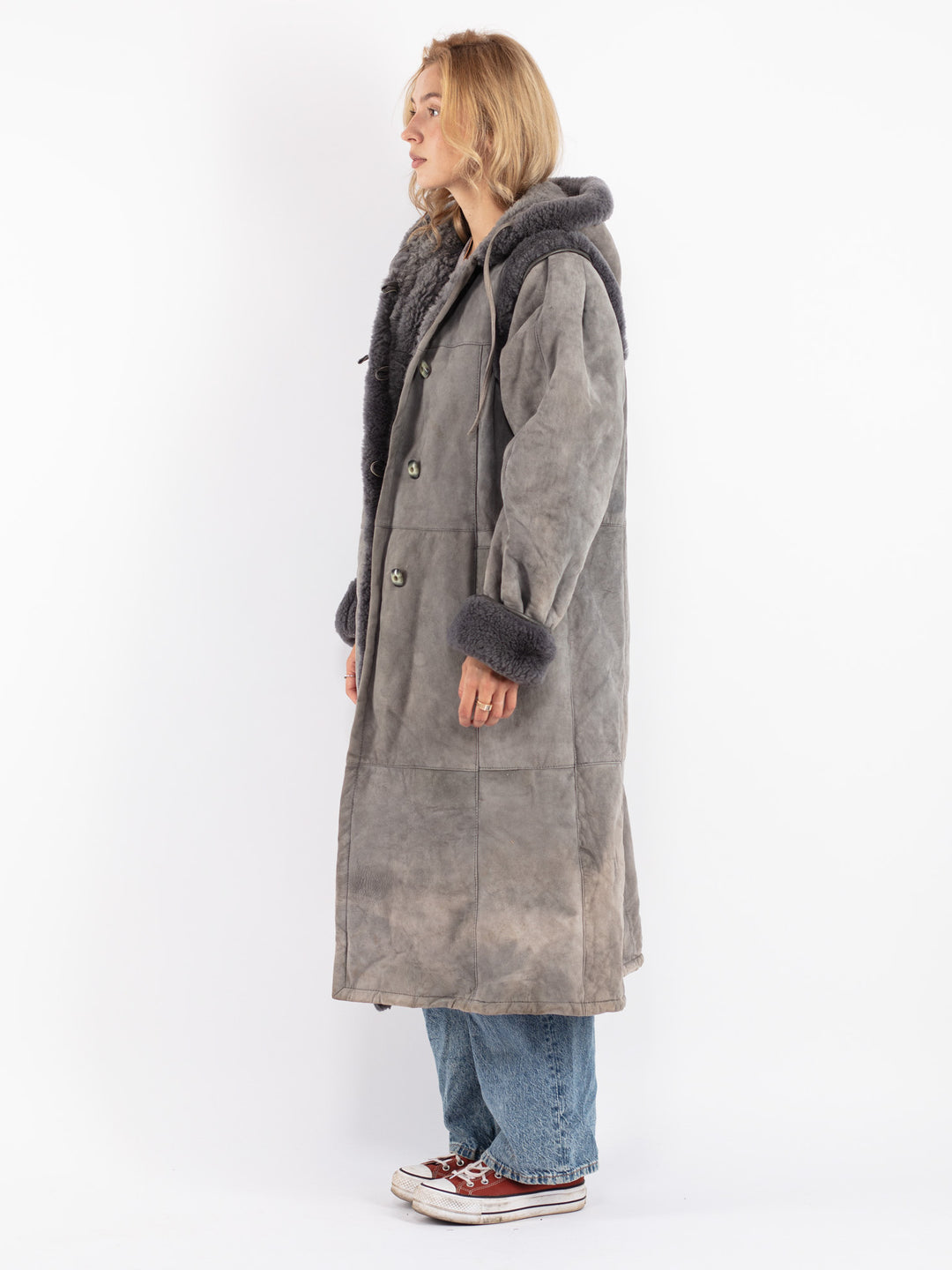Vintage 80's Women Sheepskin Shearling Coat in Gray