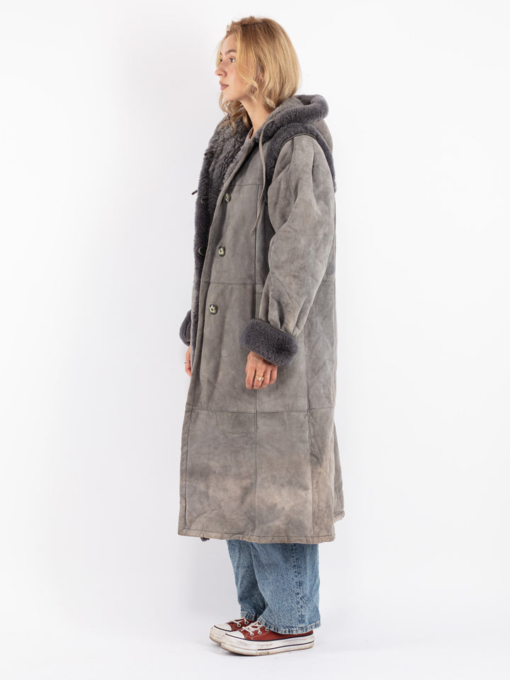 Vintage 80's Women Sheepskin Shearling Coat in Gray