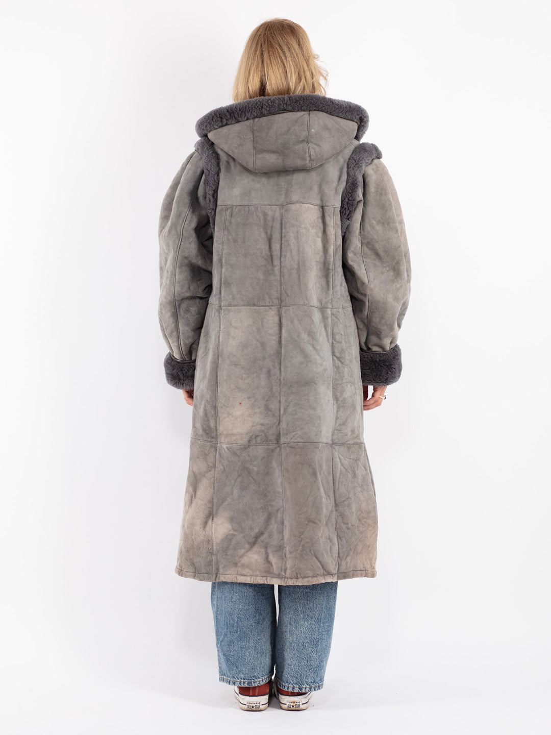 Vintage 80's Women Sheepskin Shearling Coat in Gray