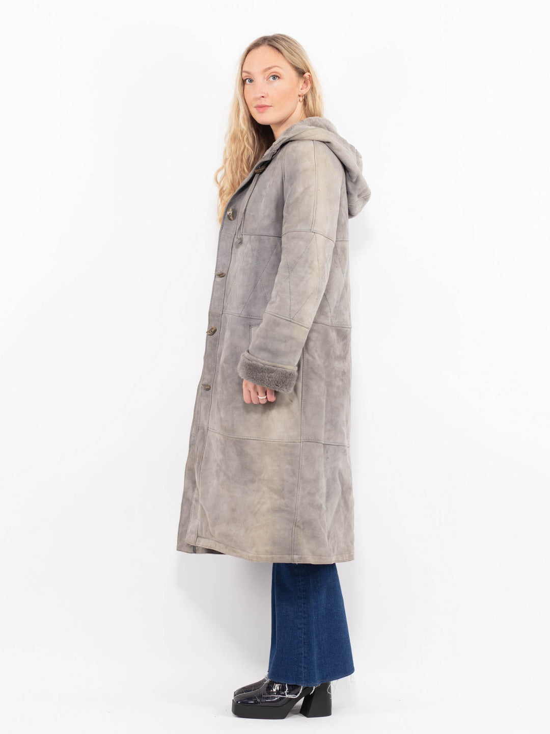 Vintage 80's Women Sheepskin Coat in GrayA0985